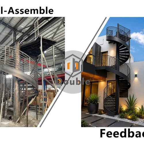 Trial assembly and installed outdoor metal spiral staircase with horizontal bar railings side by side